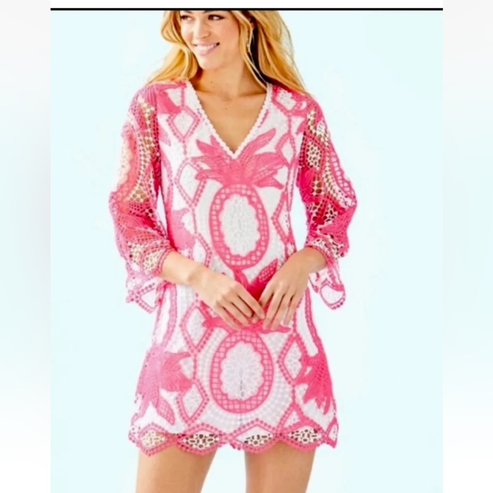 NWOT Lilly Pulitzer Lottie pink and white crochet lace romper.  Size 4